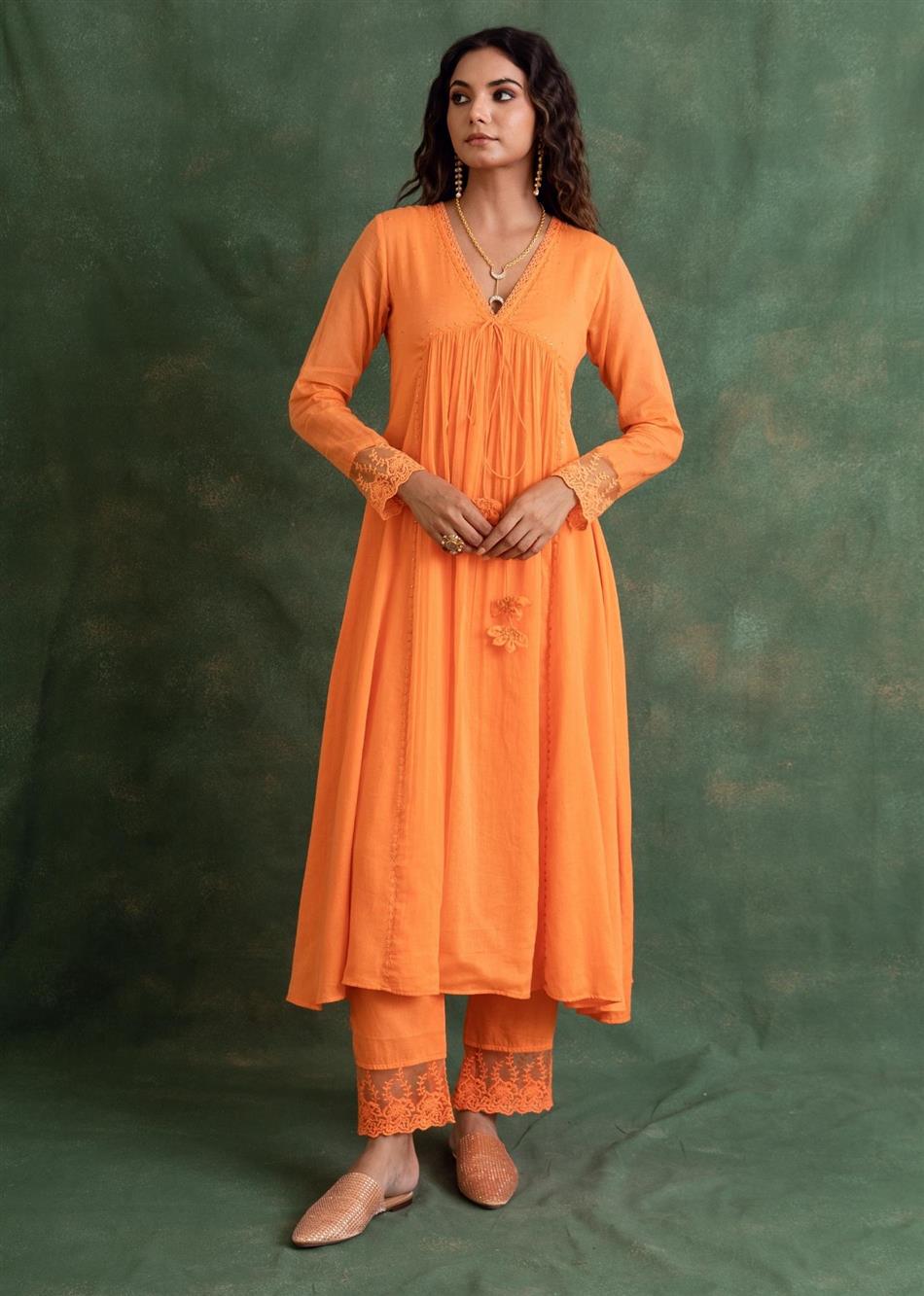 Rangrezee Candy Orange Anarkali Set (Set Of 3)