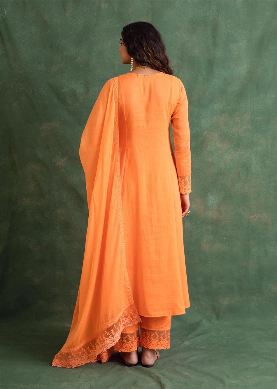 Rangrezee Candy Orange Anarkali Set (Set Of 3)