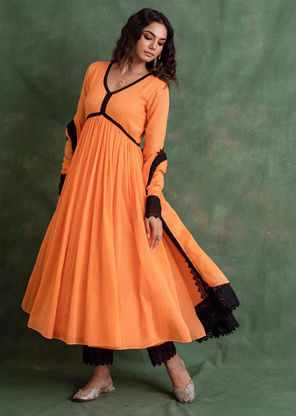 Rangrezee Candy Orange Gathered Anarkali Set (Set Of 3)