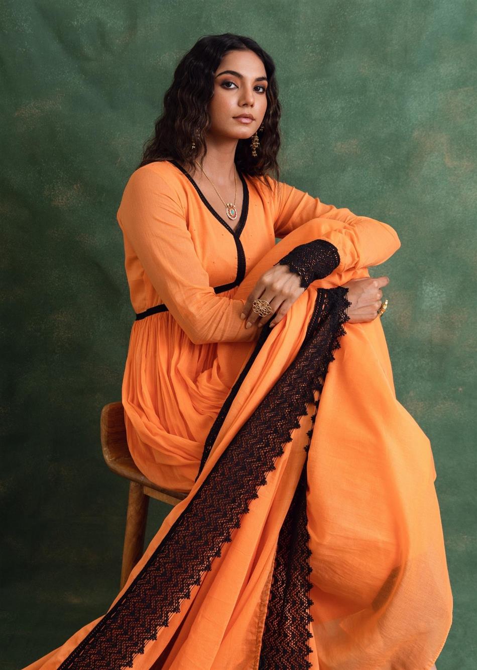 Rangrezee Candy Orange Gathered Anarkali Set (Set Of 3)