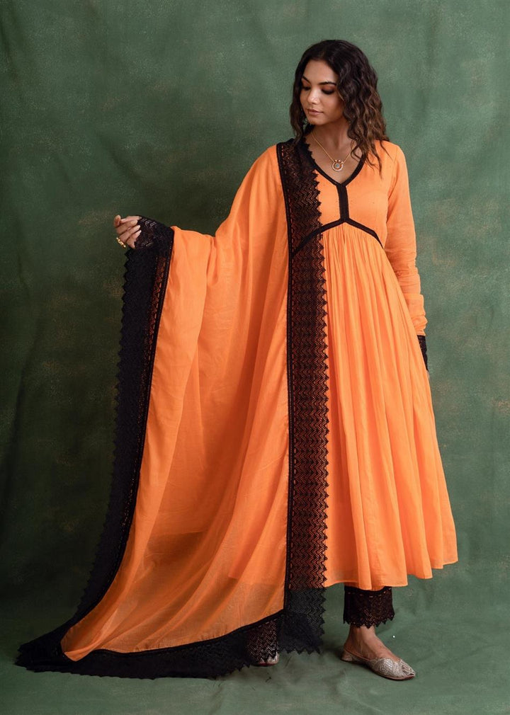 Rangrezee Candy Orange Gathered Anarkali Set (Set Of 3)