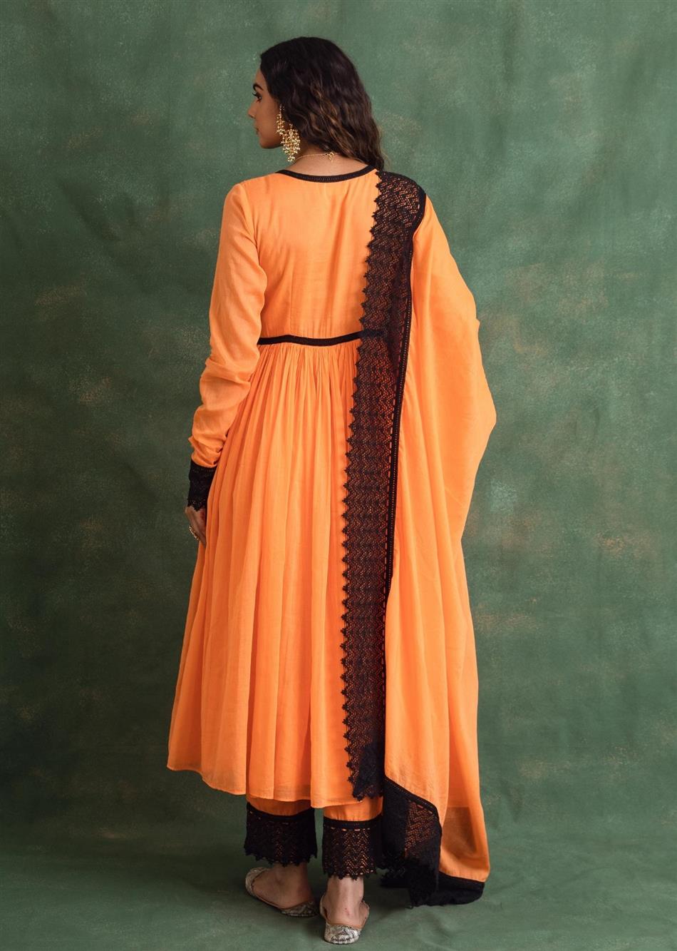 Rangrezee Candy Orange Gathered Anarkali Set (Set Of 3)