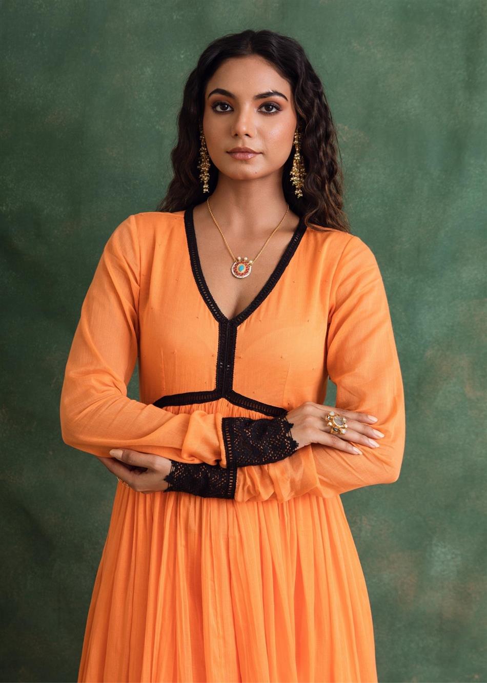 Rangrezee Candy Orange Gathered Anarkali Set (Set Of 3)