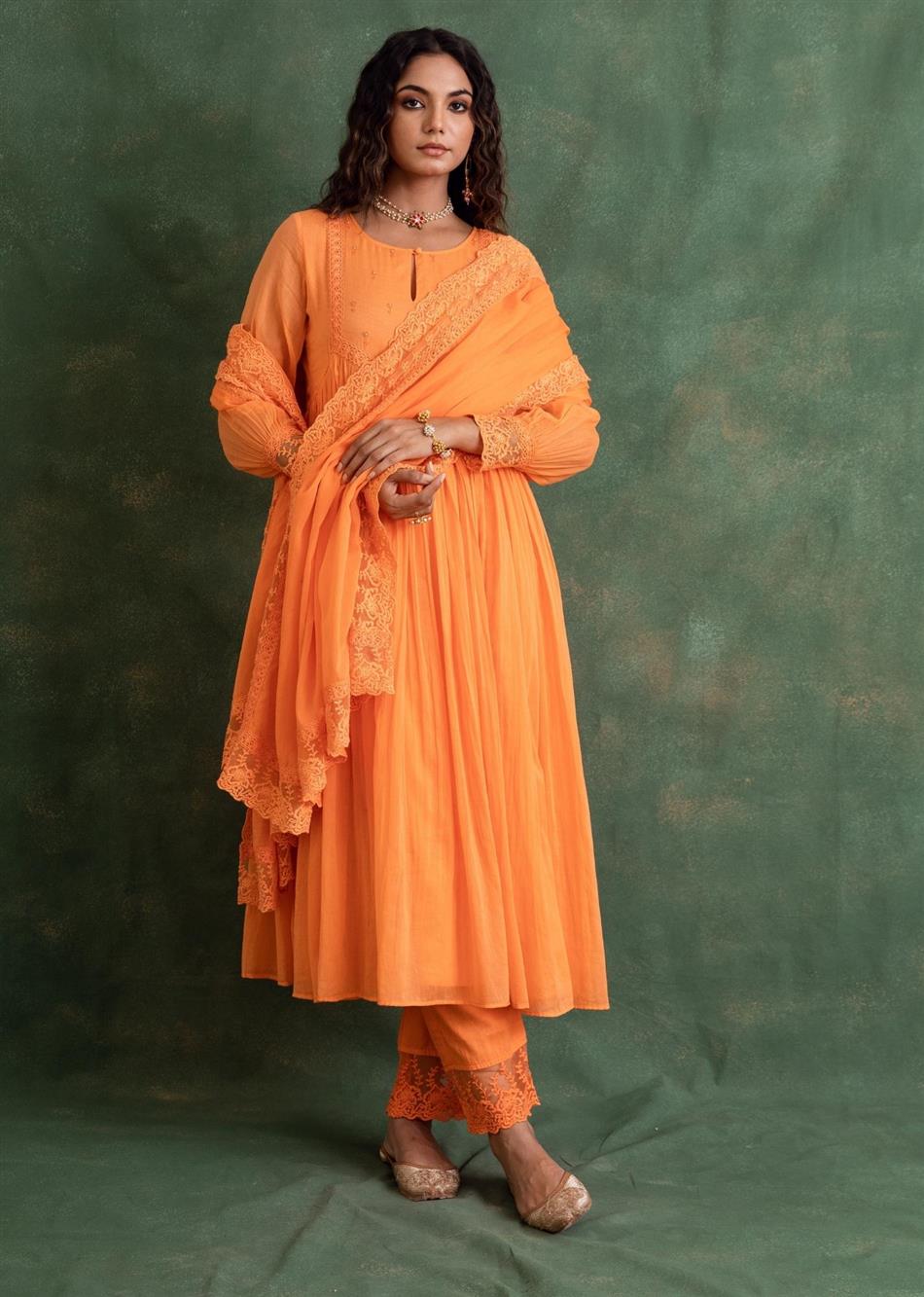 Rangrezee Candy Orange Key-Hole Neck Anarkali Set (Set Of 3)