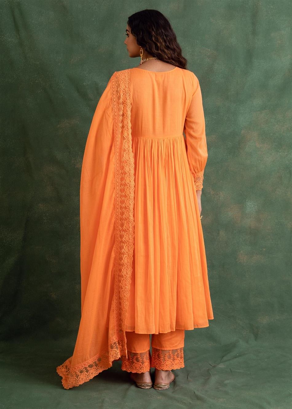 Rangrezee Candy Orange Key-Hole Neck Anarkali Set (Set Of 3)