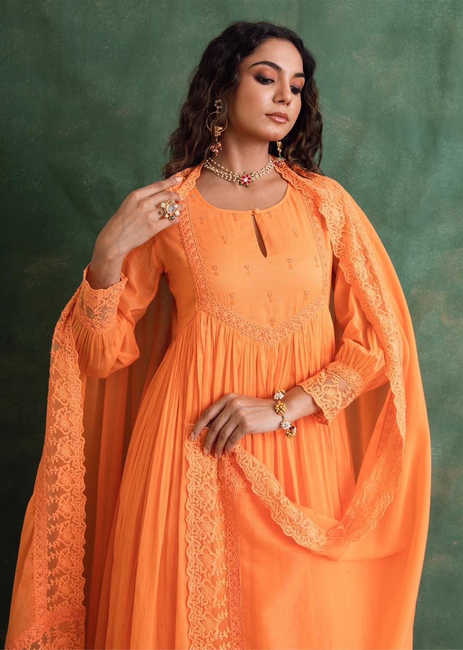 Rangrezee Candy Orange Key-Hole Neck Anarkali Set (Set Of 3)