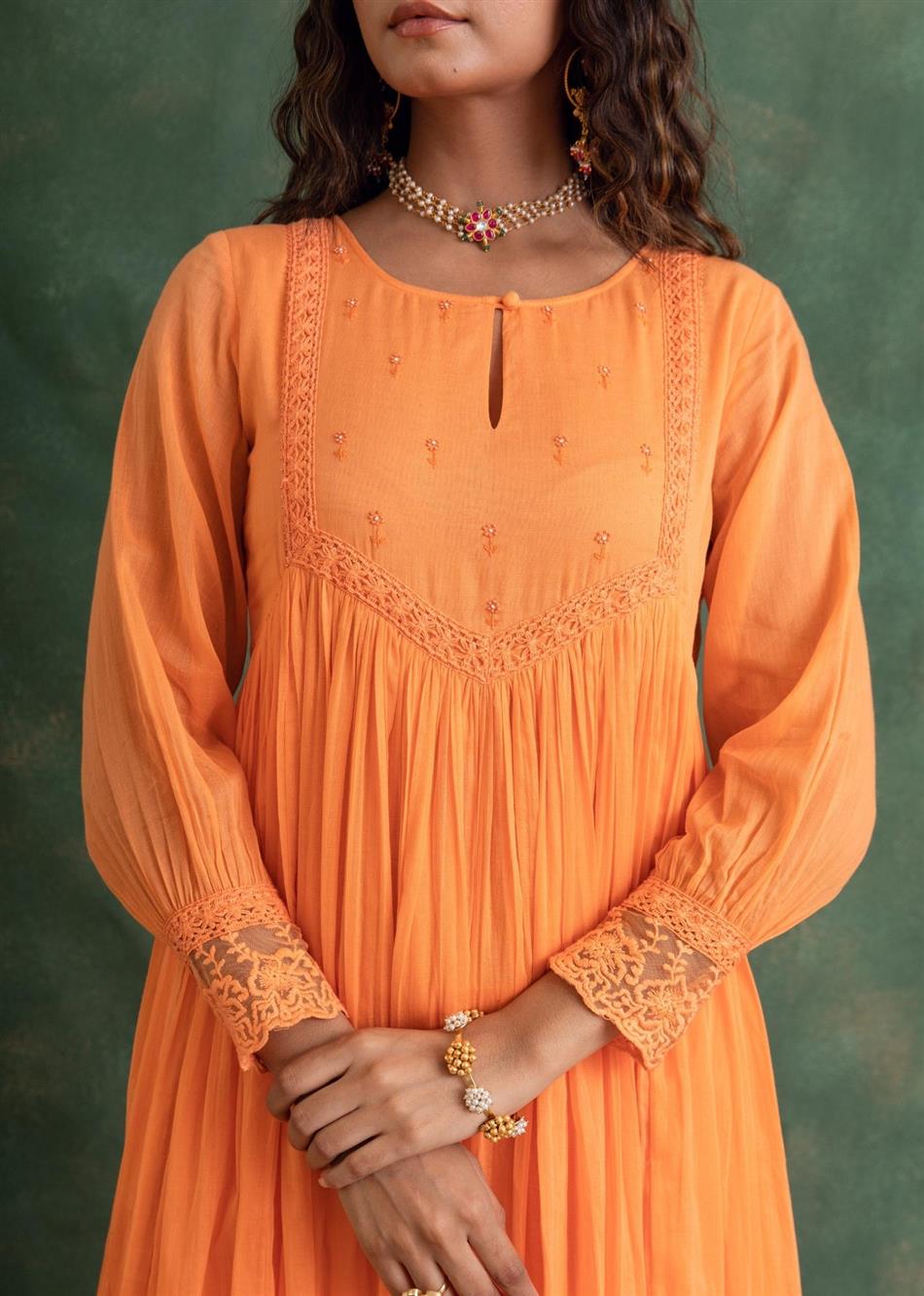 Rangrezee Candy Orange Key-Hole Neck Anarkali Set (Set Of 3)