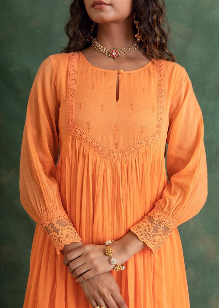 Rangrezee Candy Orange Key-Hole Neck Anarkali Set (Set Of 3)