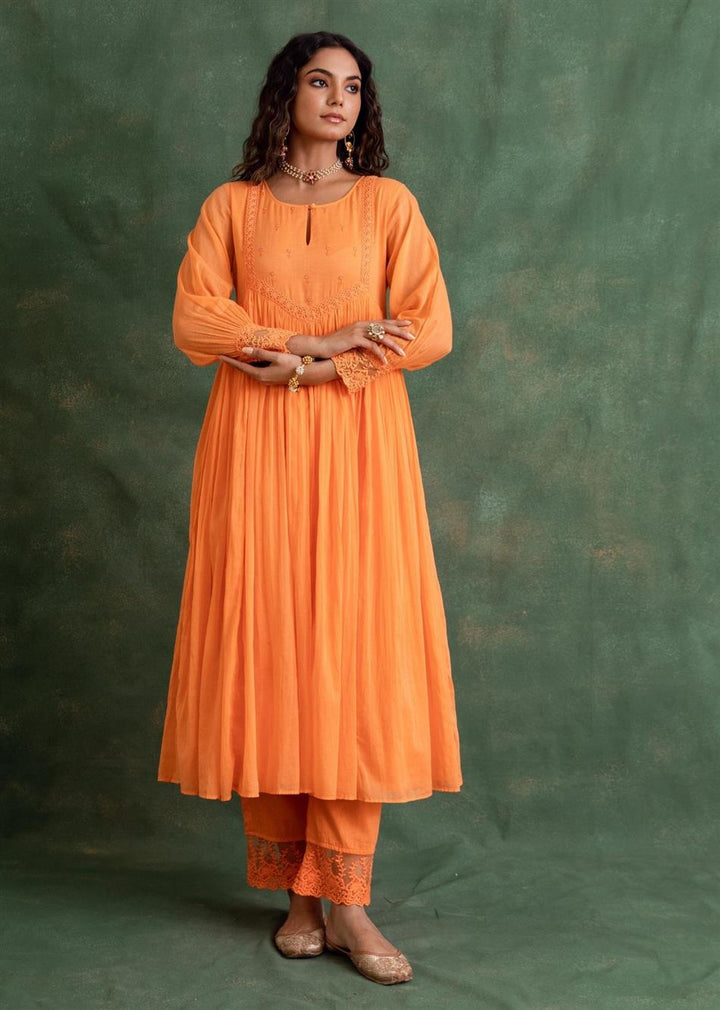 Rangrezee Candy Orange Key-Hole Neck Anarkali Set (Set Of 3)
