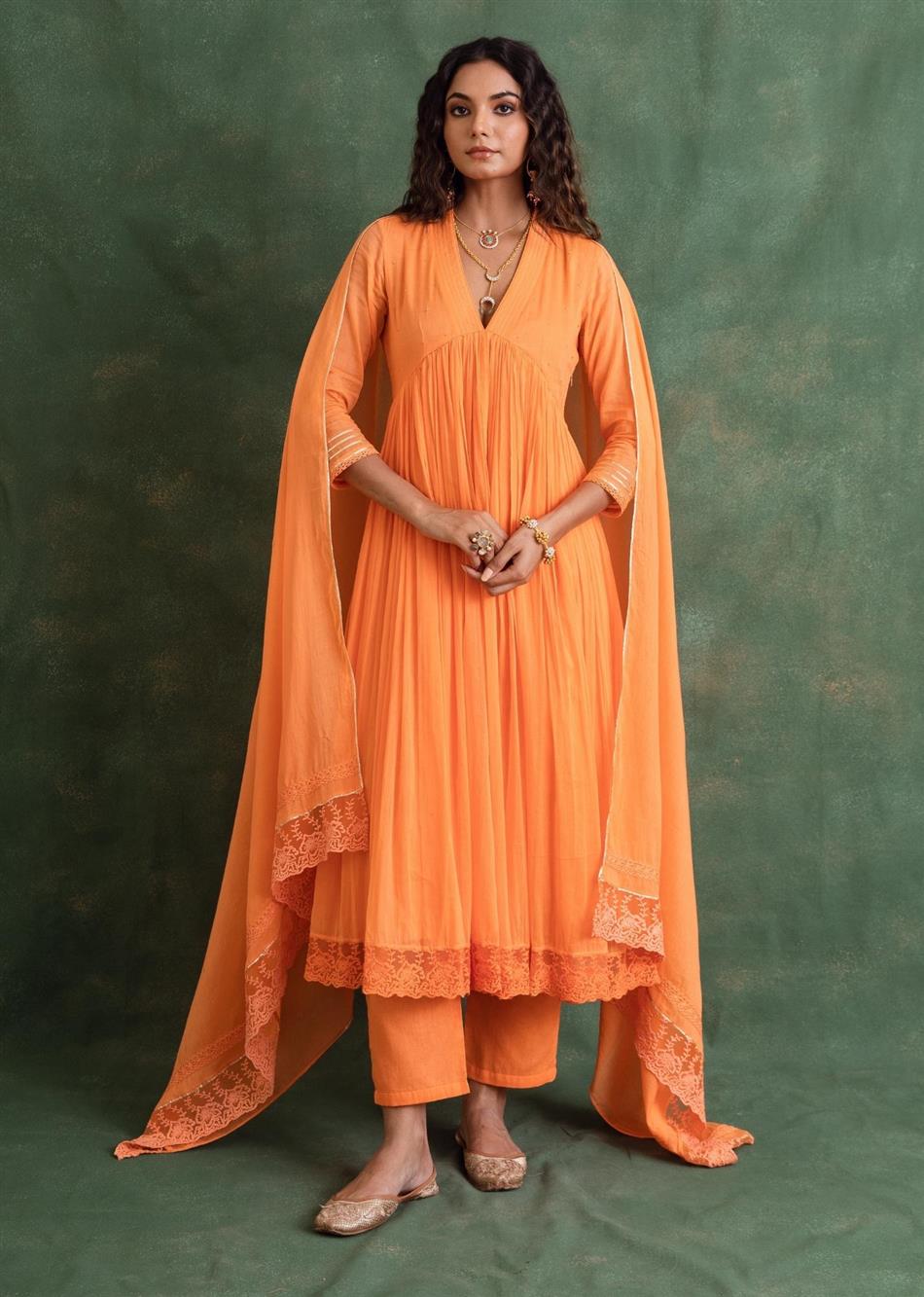 Rangrezee Candy Orange V-Neck Anarkali Set (Set Of 3)