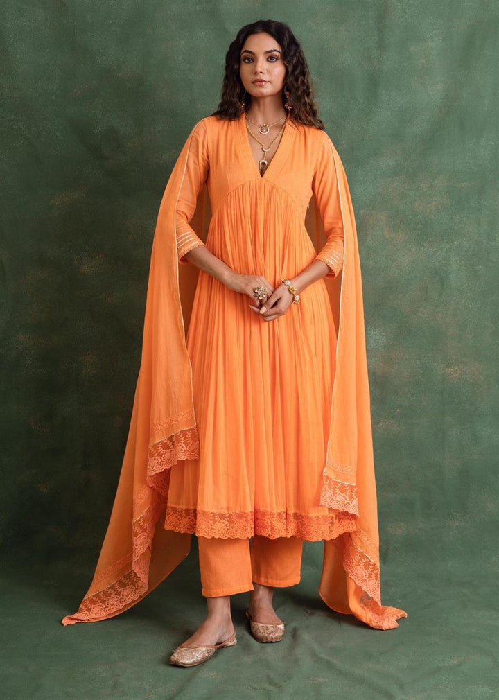 Rangrezee Candy Orange V-Neck Anarkali Set (Set Of 3)