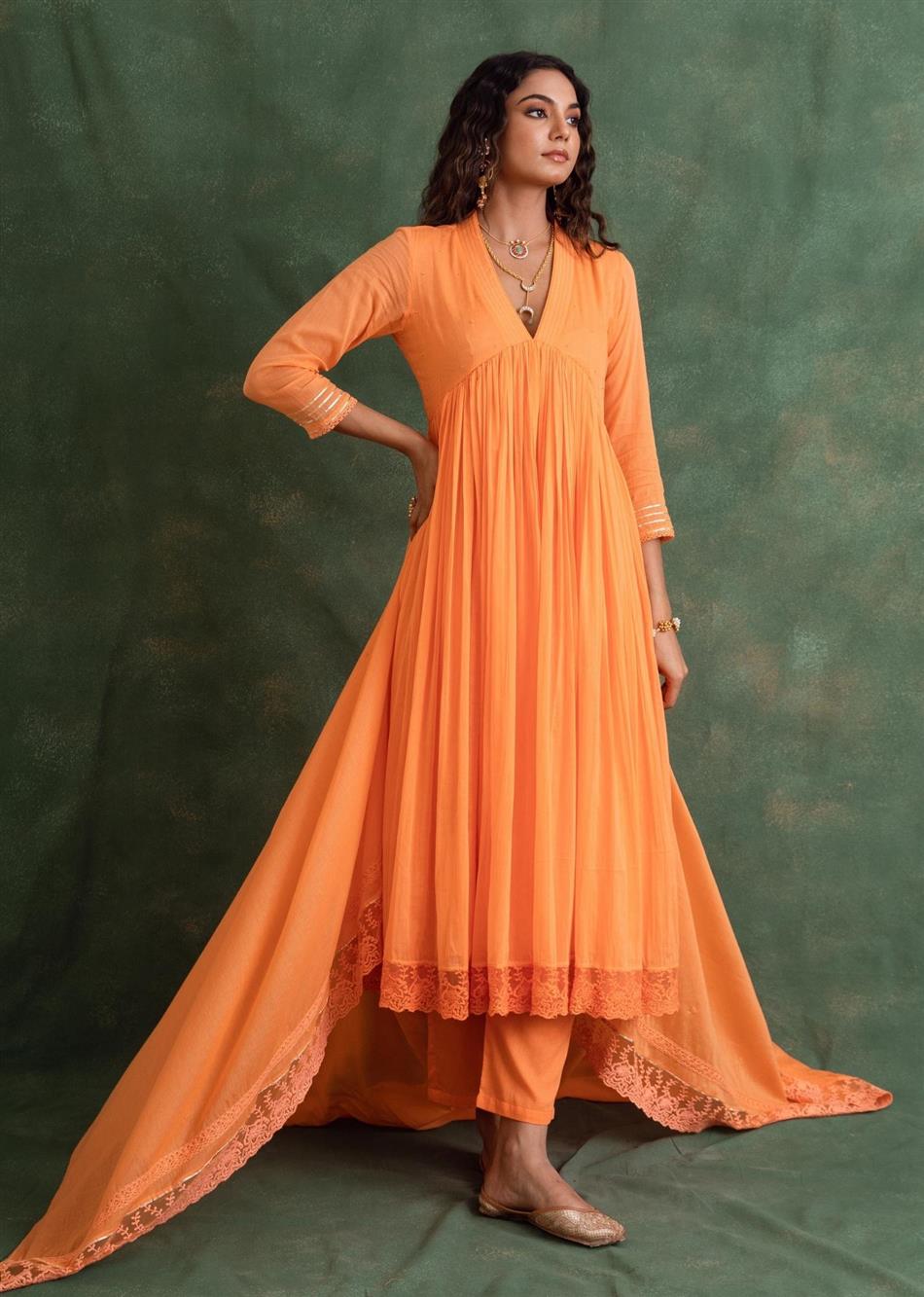 Rangrezee Candy Orange V-Neck Anarkali Set (Set Of 3)