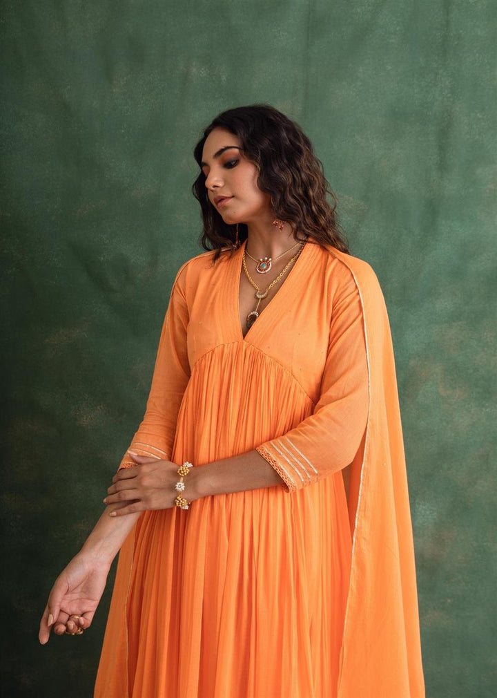 Rangrezee Candy Orange V-Neck Anarkali Set (Set Of 3)