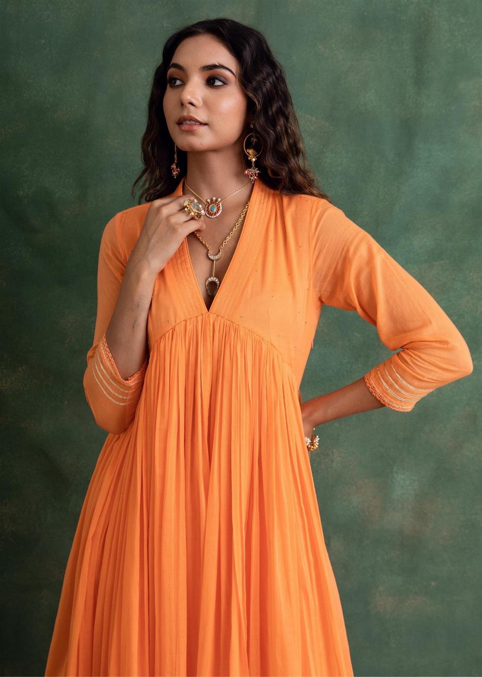 Rangrezee Candy Orange V-Neck Anarkali Set (Set Of 3)