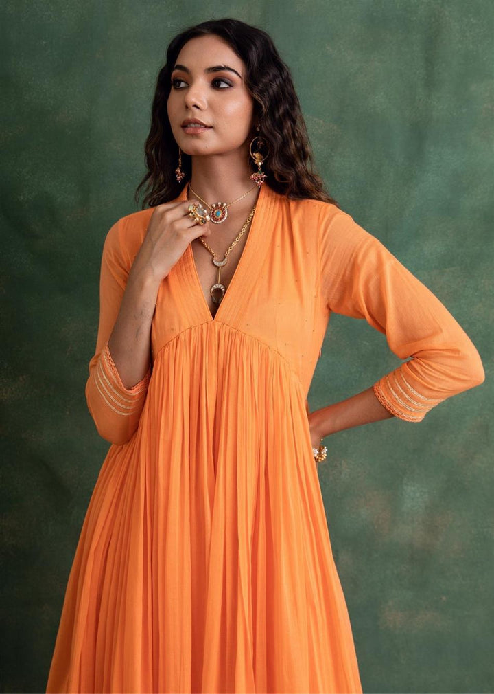 Rangrezee Candy Orange V-Neck Anarkali Set (Set Of 3)