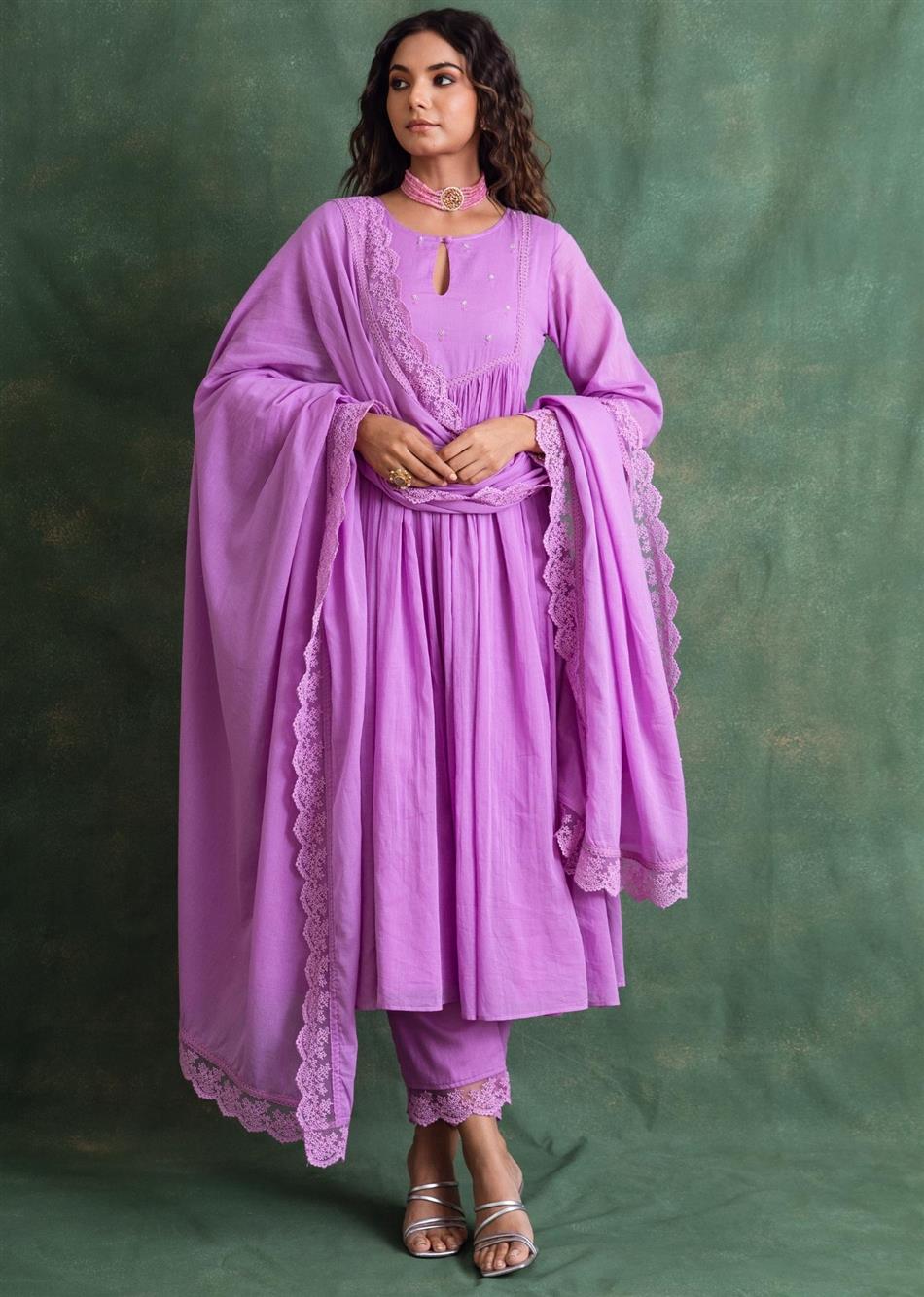 Rangrezee Lavender Key Hole Anarkali Set (Set Of 3)