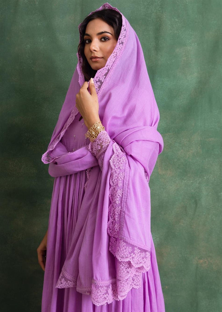 Rangrezee Lavender Key Hole Anarkali Set (Set Of 3)
