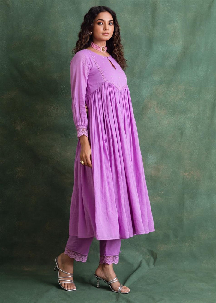 Rangrezee Lavender Key Hole Anarkali Set (Set Of 3)