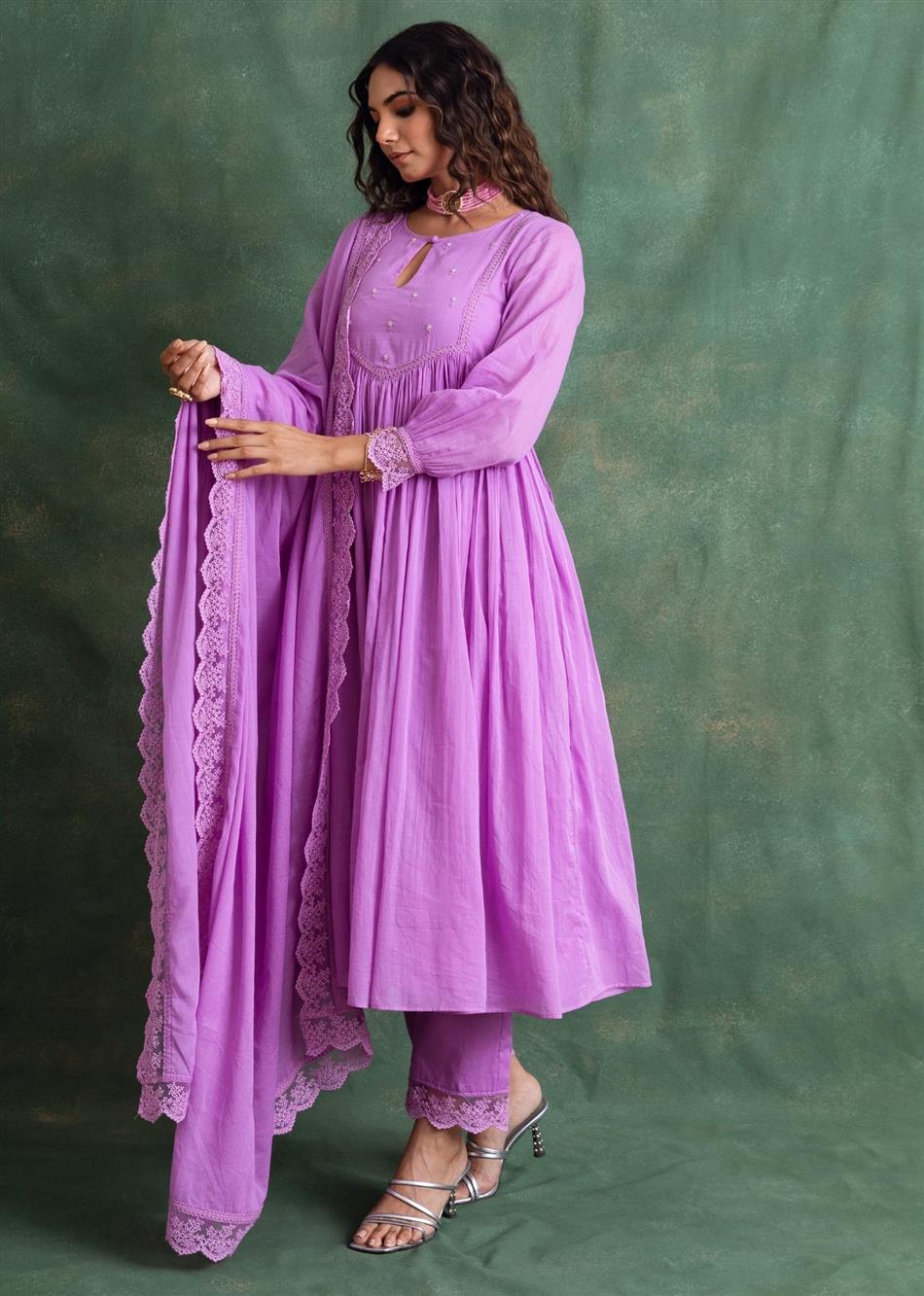 Rangrezee Lavender Key Hole Anarkali Set (Set Of 3)
