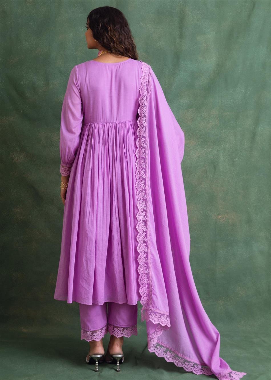Rangrezee Lavender Key Hole Anarkali Set (Set Of 3)