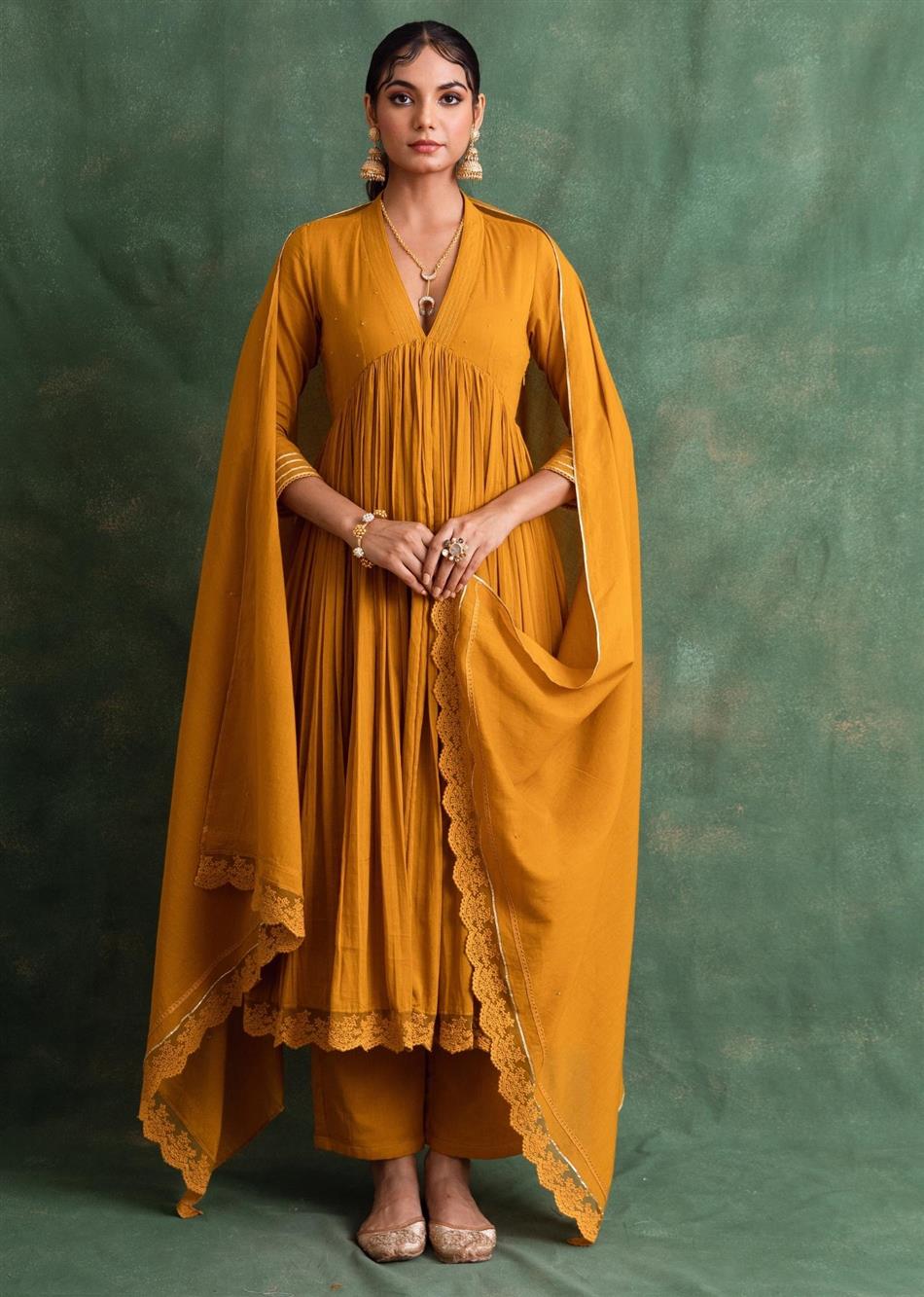 Rangrezee Mustard V-Neck Anarkali Set (Set Of 3)