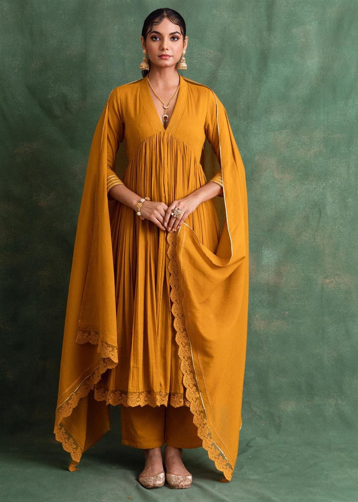 Rangrezee Mustard V-Neck Anarkali Set (Set Of 3)