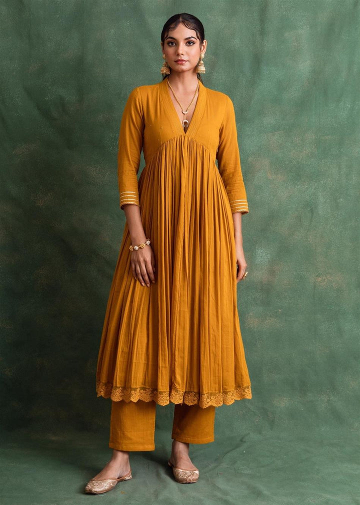 Rangrezee Mustard V-Neck Anarkali Set (Set Of 3)
