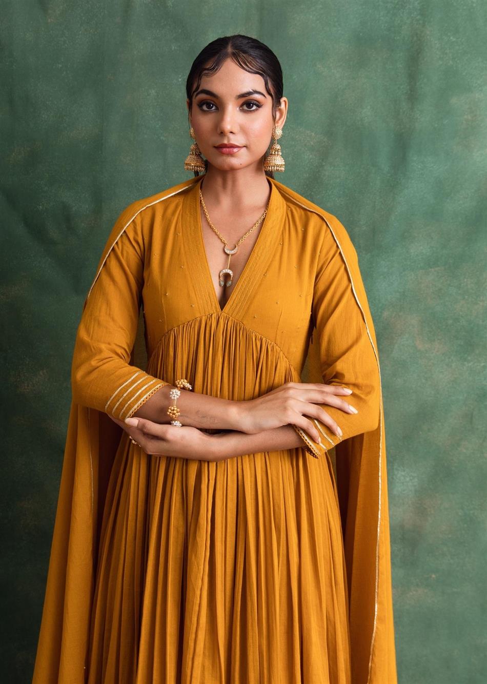 Rangrezee Mustard V-Neck Anarkali Set (Set Of 3)