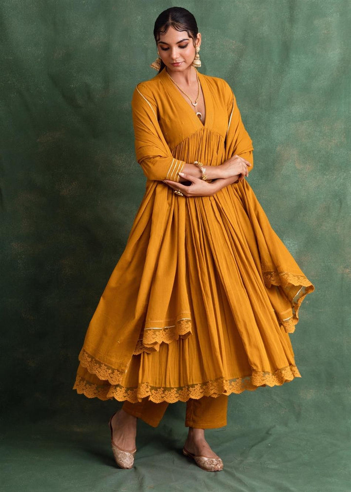 Rangrezee Mustard V-Neck Anarkali Set (Set Of 3)