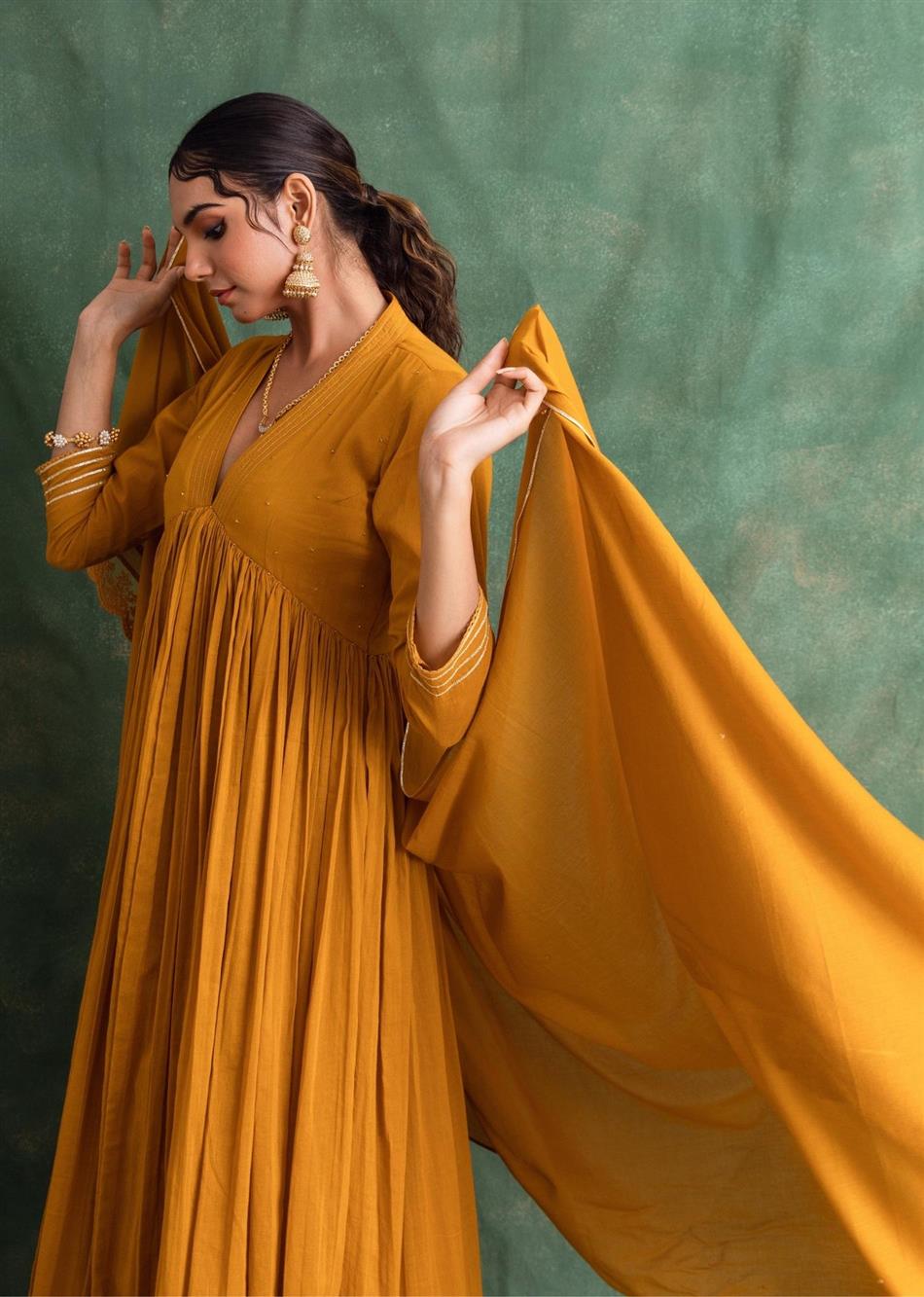 Rangrezee Mustard V-Neck Anarkali Set (Set Of 3)