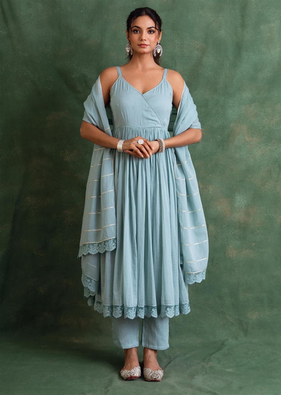 Rangrezee Powder Blue Strappy Anarkali Set (Set Of 3)