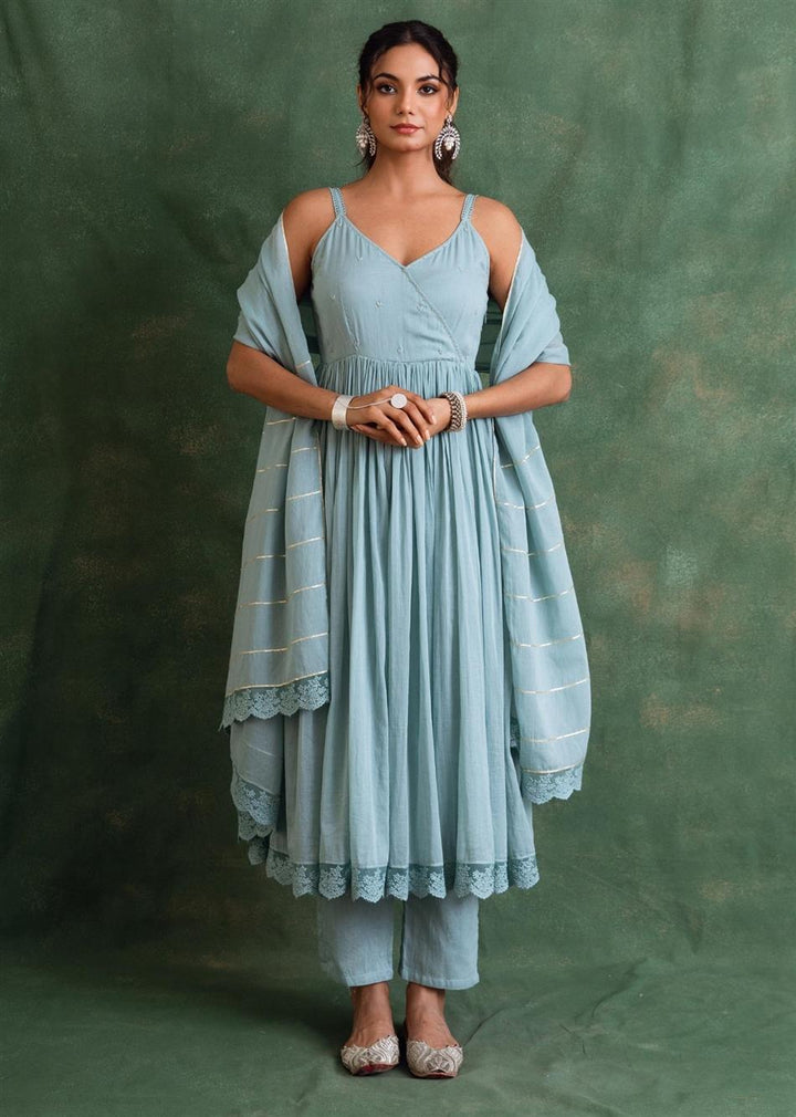Rangrezee Powder Blue Strappy Anarkali Set (Set Of 3)