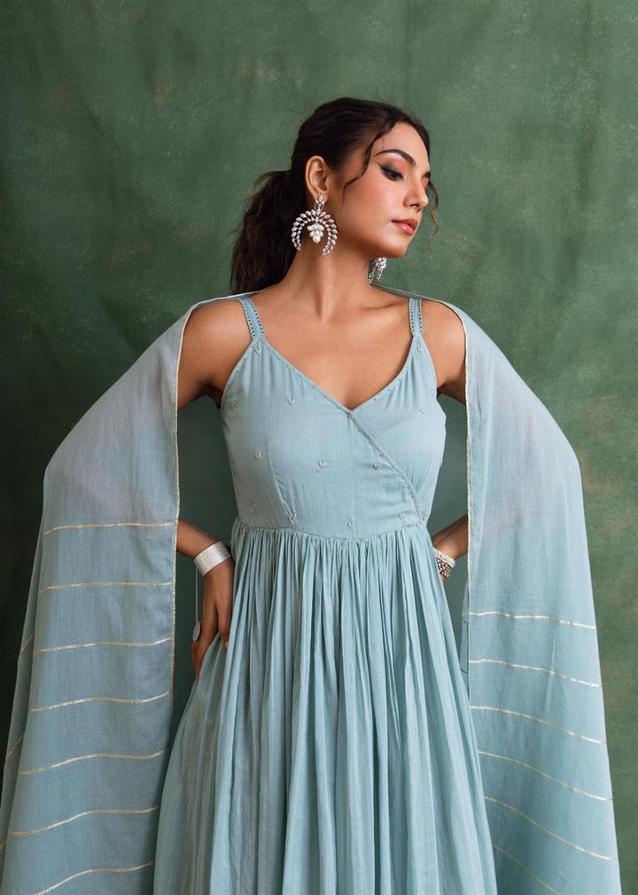 Rangrezee Powder Blue Strappy Anarkali Set (Set Of 3)