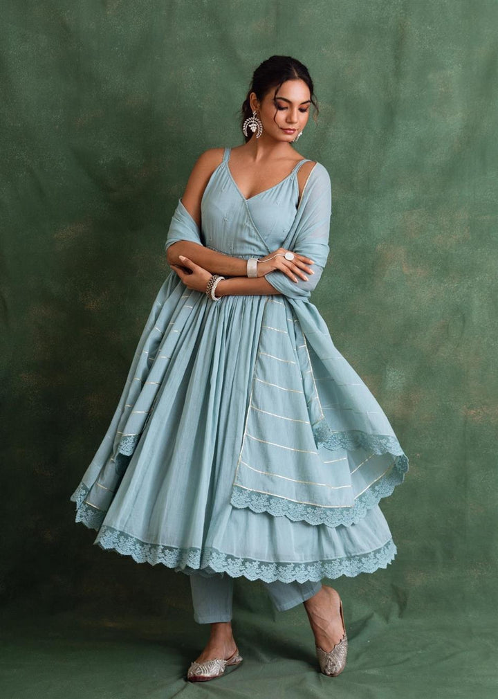 Rangrezee Powder Blue Strappy Anarkali Set (Set Of 3)