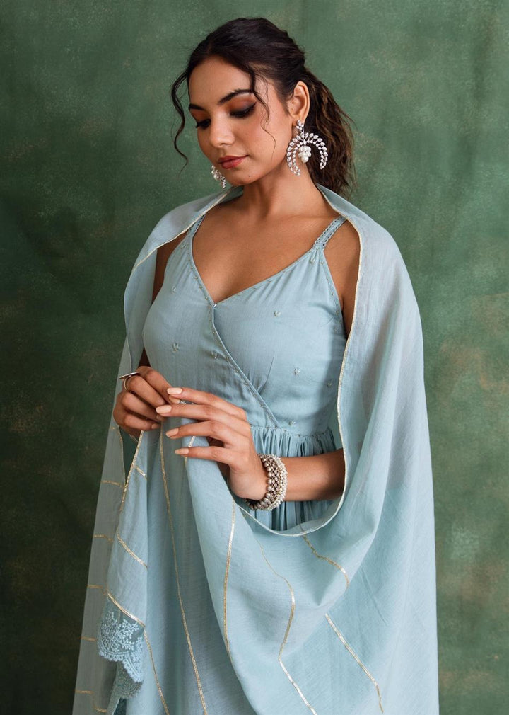 Rangrezee Powder Blue Strappy Anarkali Set (Set Of 3)