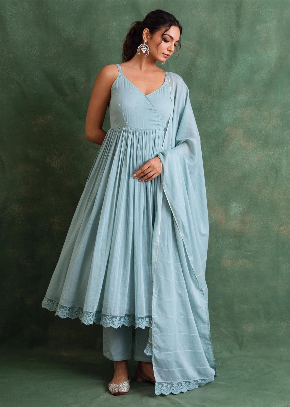 Rangrezee Powder Blue Strappy Anarkali Set (Set Of 3)
