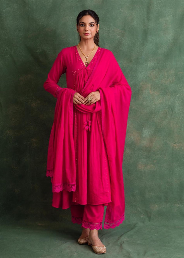 Rangrezee Rani Pink Anarkali Set (Set Of 3)