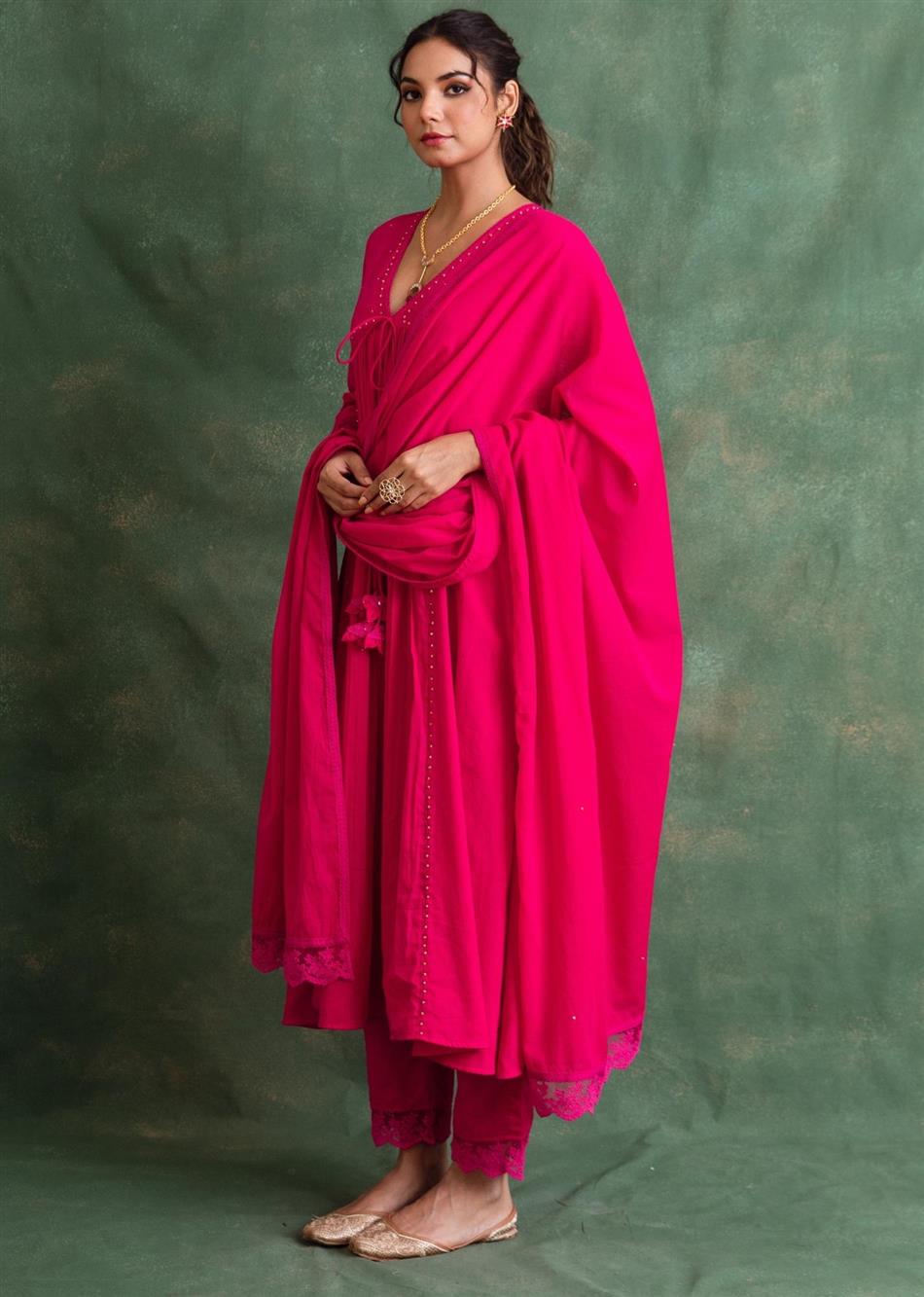 Rangrezee Rani Pink Anarkali Set (Set Of 3)