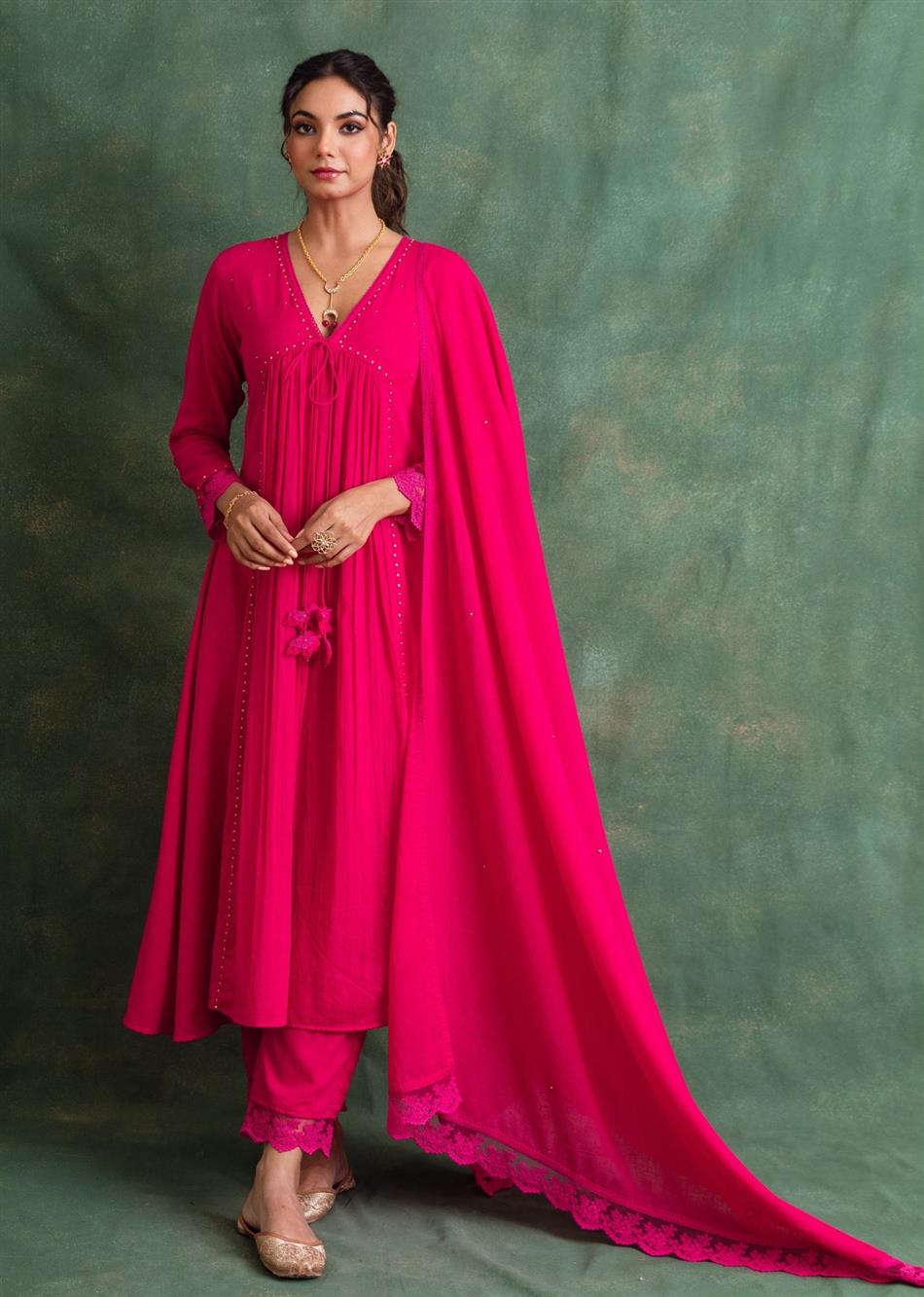 Rangrezee Rani Pink Anarkali Set (Set Of 3)