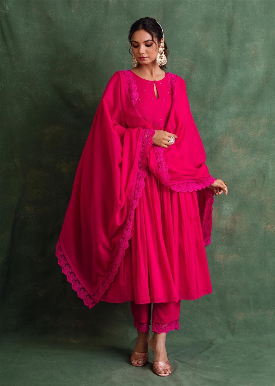 Rangrezee Rani Pink Key Hole Anarkali Set (Set Of 3)