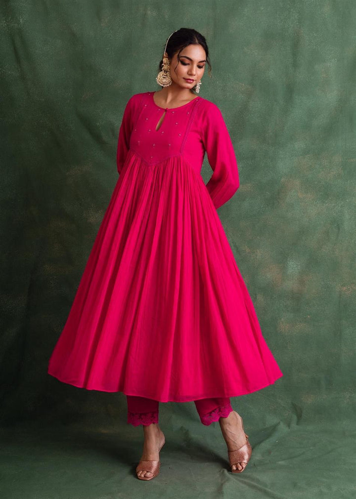 Rangrezee Rani Pink Key Hole Anarkali Set (Set Of 3)