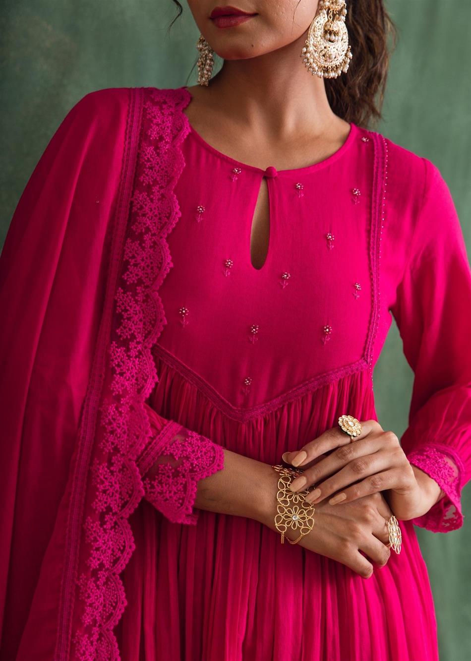 Rangrezee Rani Pink Key Hole Anarkali Set (Set Of 3)