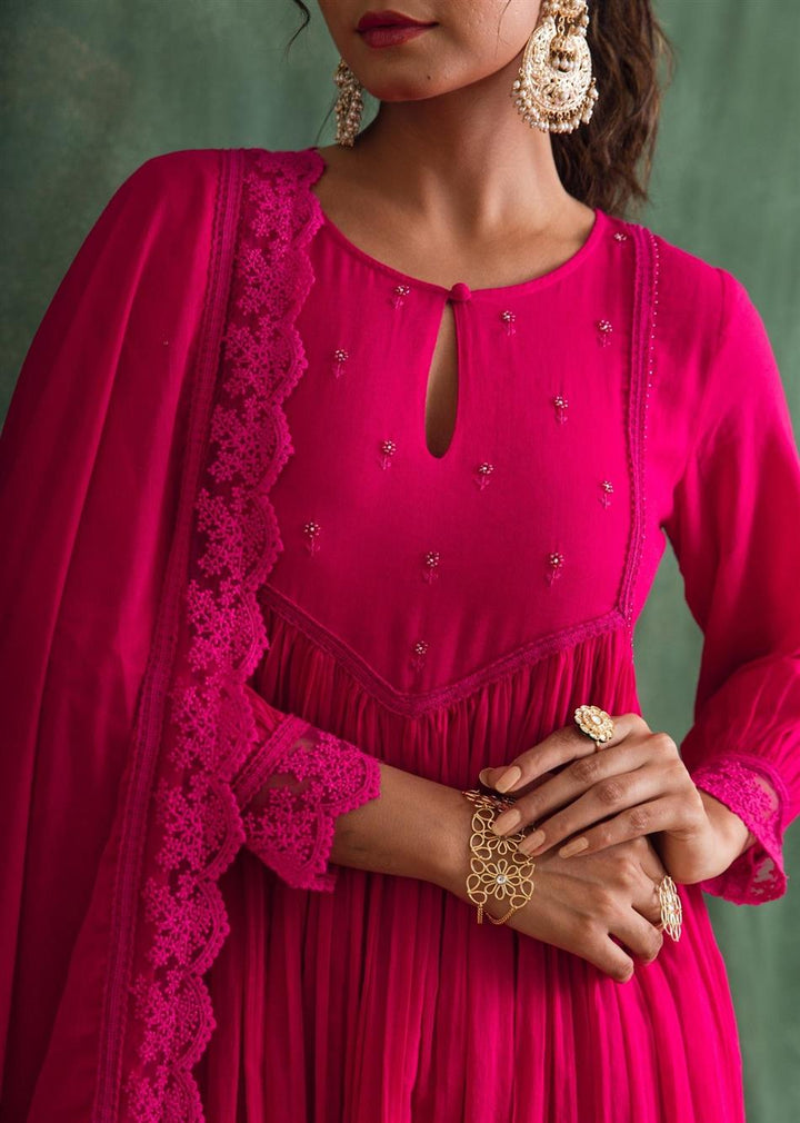 Rangrezee Rani Pink Key Hole Anarkali Set (Set Of 3)