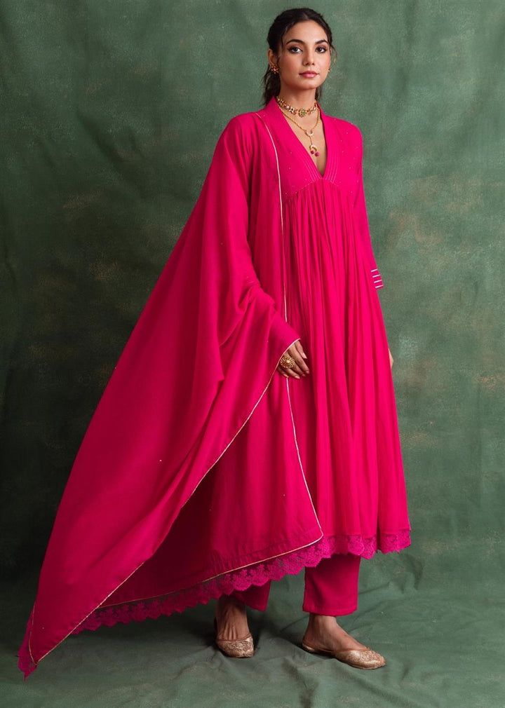 Rangrezee Rani Pink V-Neck Anarkali Set (Set Of 3)
