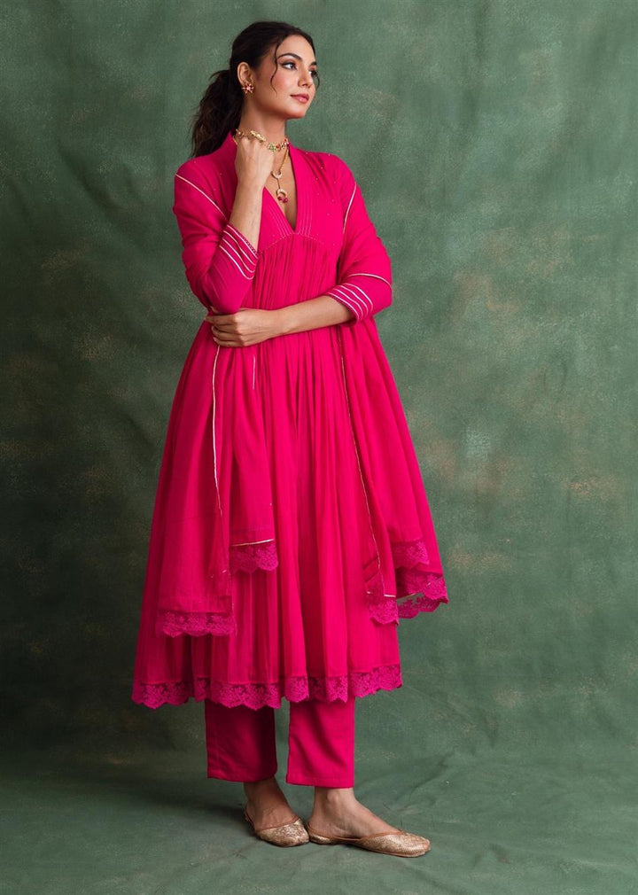 Rangrezee Rani Pink V-Neck Anarkali Set (Set Of 3)
