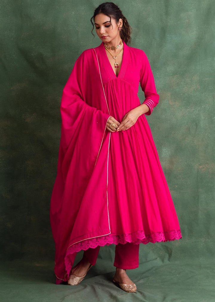 Rangrezee Rani Pink V-Neck Anarkali Set (Set Of 3)