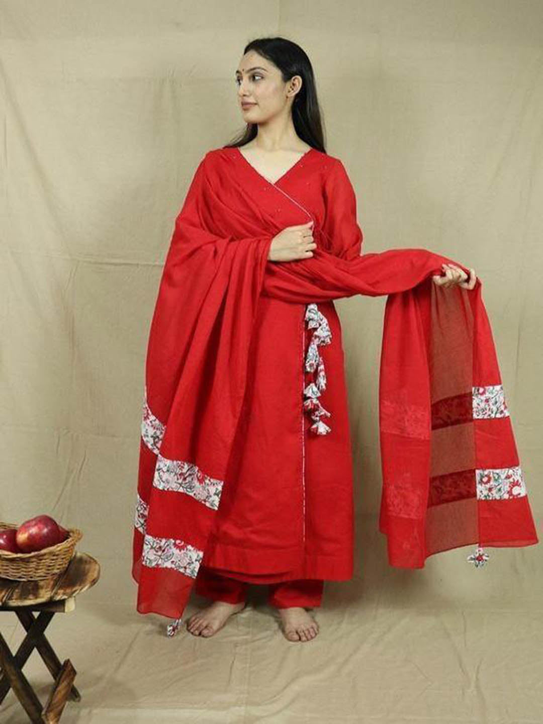 Red-Angrakha-Kurta-And-Pants-Set-(Set-Of-3)
