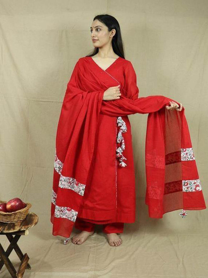 Red-Angrakha-Kurta-And-Pants-Set-(Set-Of-3)