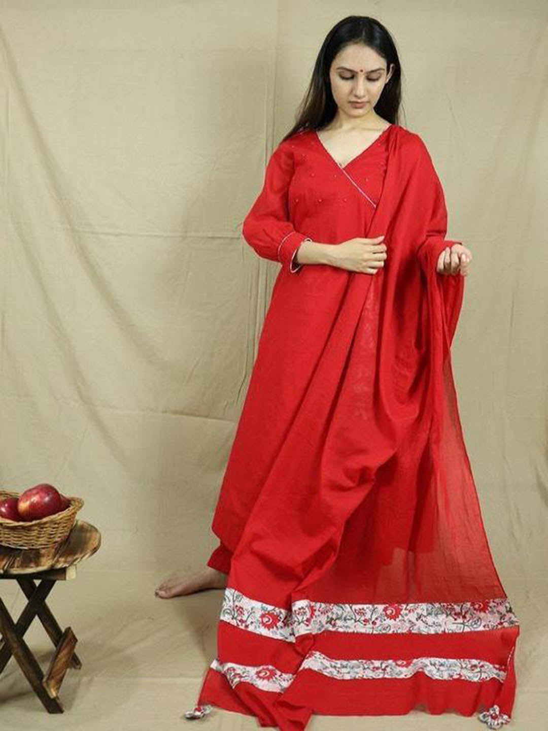 Red-Angrakha-Kurta-And-Pants-Set-(Set-Of-3)