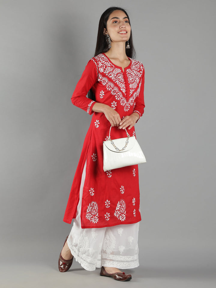 Red-Cotton-Chikan-Kurta-in-White-Embroidery